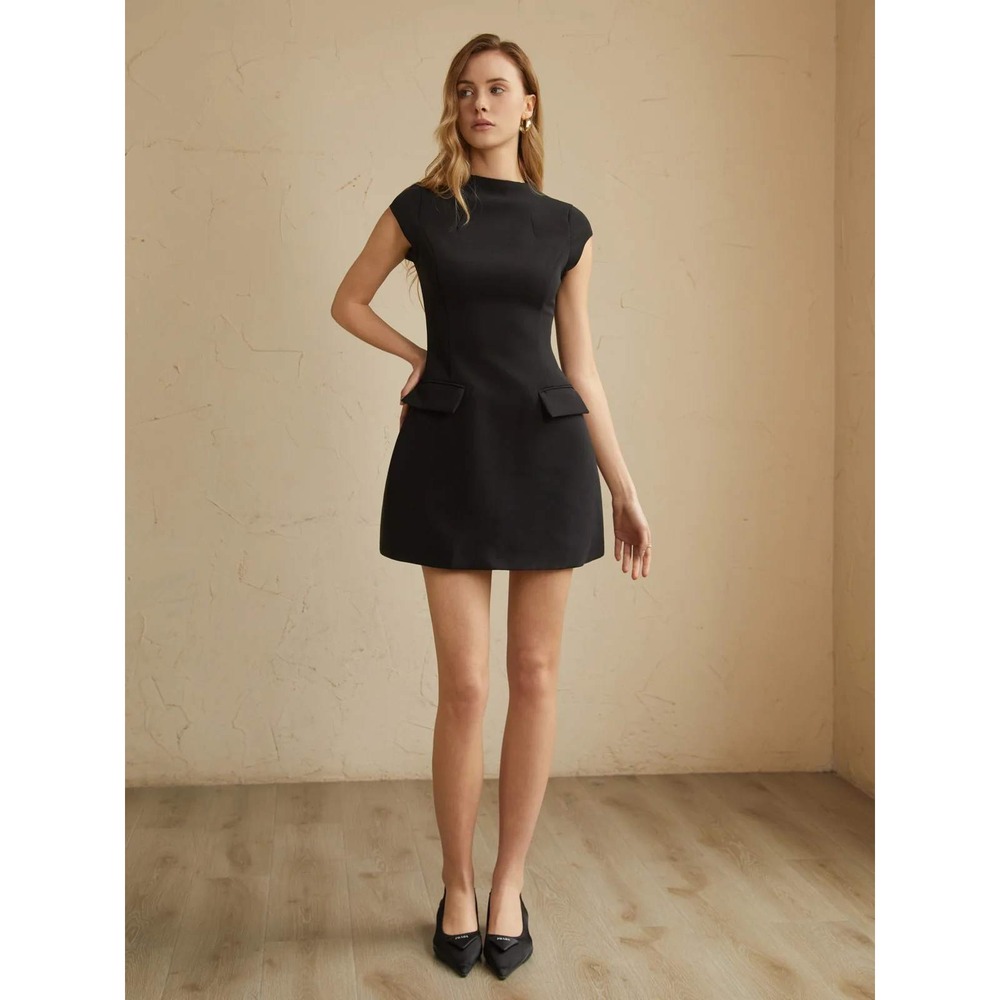 Commense Black Cap-Sleeve Mini Dress